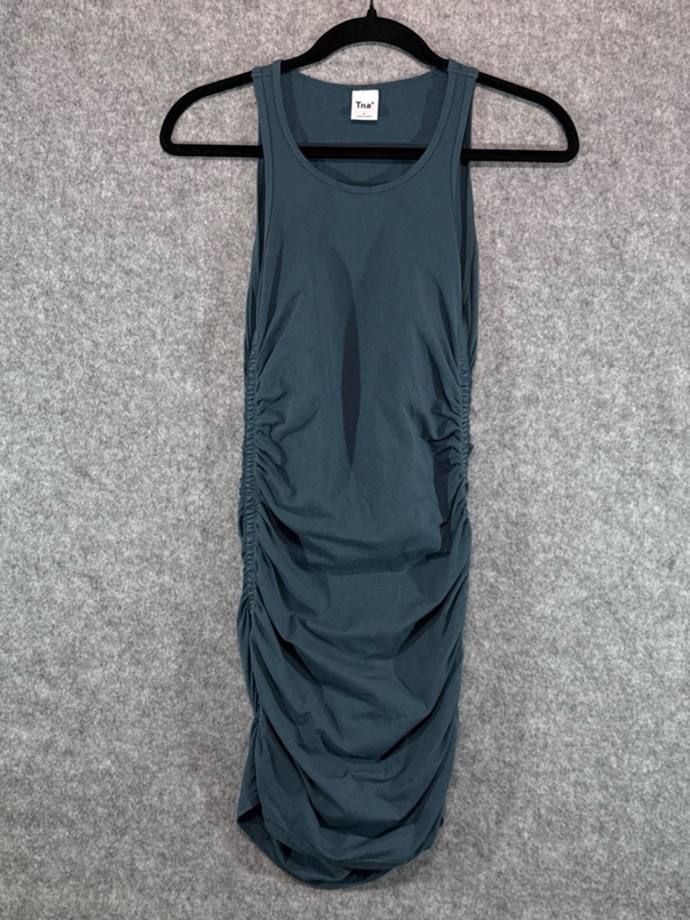 TNA Tank Midi Dress - Womens S - Slate Blue Ruched Beach Coastal Luxury Slimming